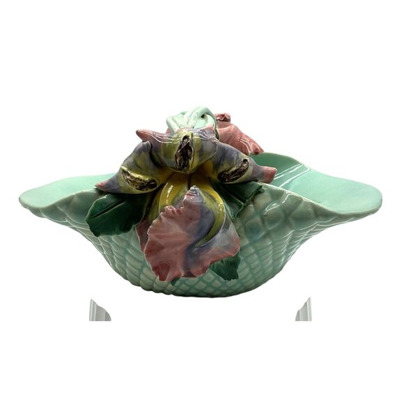 Handmade Ceramic Basket Bowl With Floral Handle Green With Lilies 10.5"x 5" - Picture 2 of 10